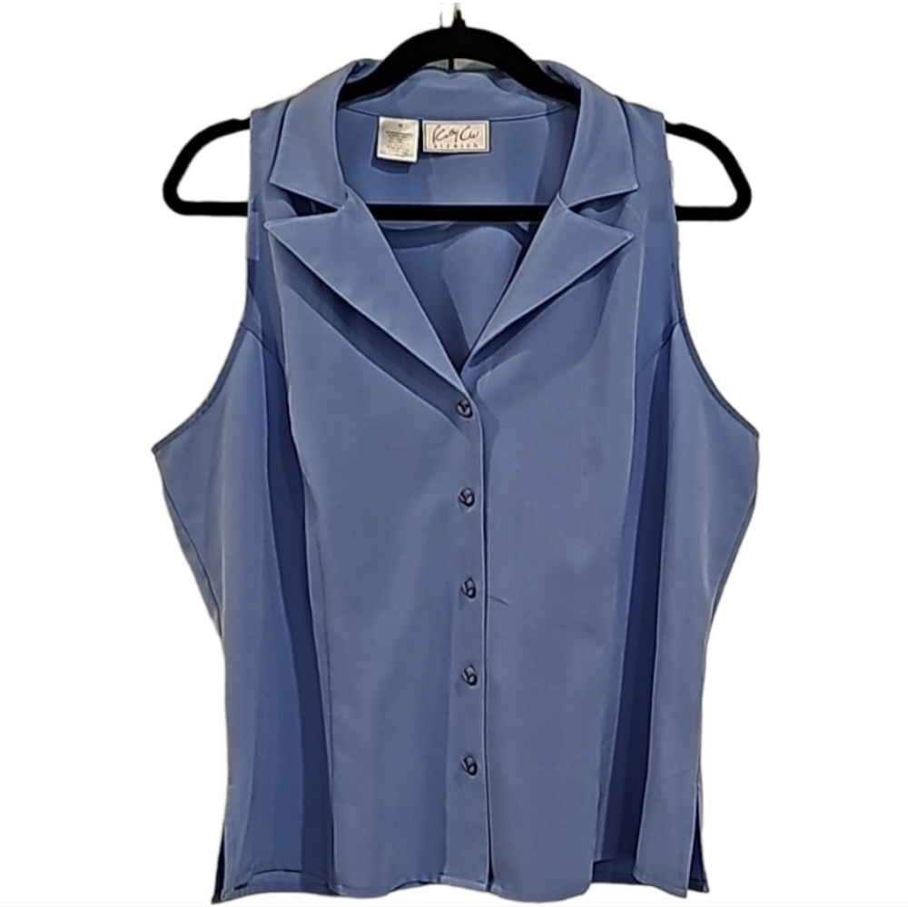 Kathy Che Light Blue Sleeveless Button Down Blouse with Lapel Collar